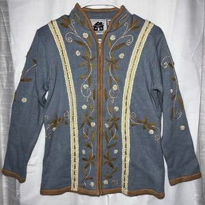 Storybook Knits XS Embroidered Floral Zip Cardigan Blue Tan Beaded Knit Jacket